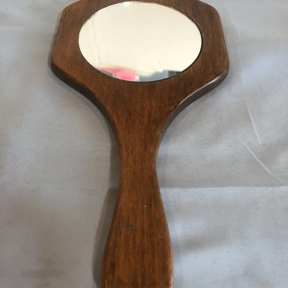 VINTAGE Wooden Handpainted Handheld Mirror 11.5